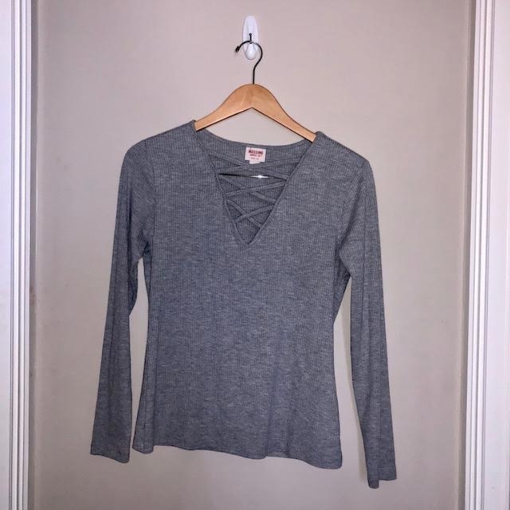 Crossed Front Gray Long Sleeve Top